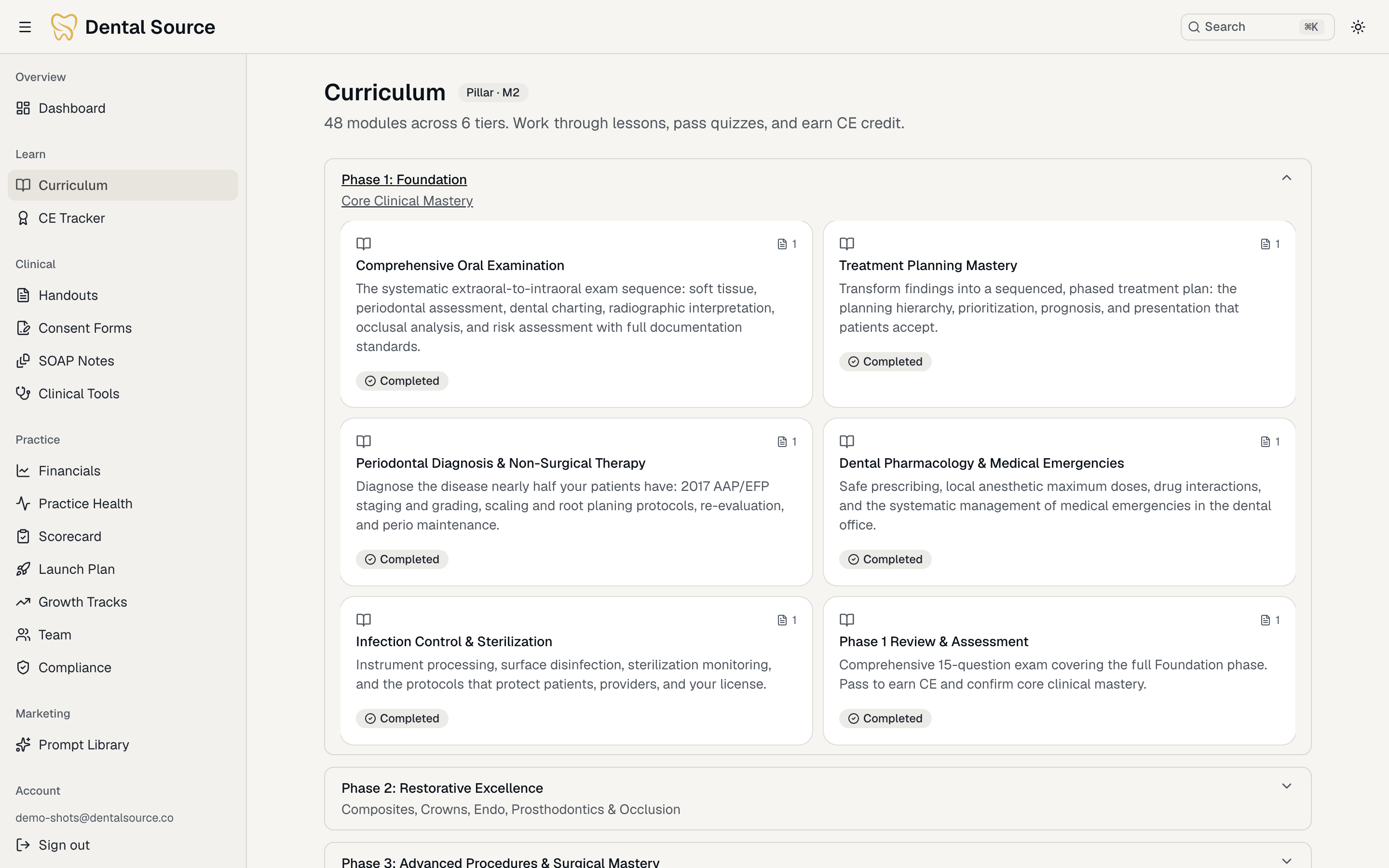 The Dental Source curriculum showing the six phases and module progress